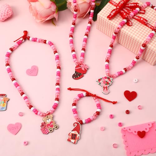 DTOFOOT 24 Set Valentine's Day Craft Kit, DIY Valentine Bead Necklaces Red Pink Heart Chocolate Ludy Bugs Crafts Gifts Classroom Activity Supplies Party Favor