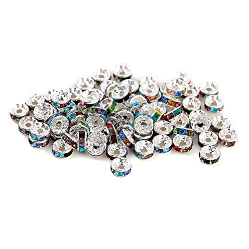 200PCS Rondelle Spacer Beads 6mm Silver Plated Czech Mix Crystal Rhinestone for Jewelry Making - color: 200Pcs Silver Plated/Mix, size: 6mm