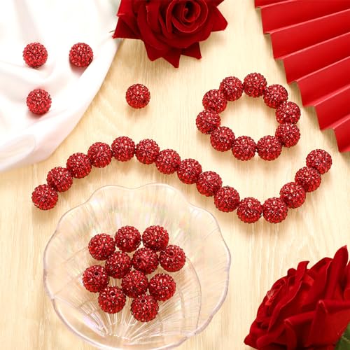 40 Pcs 20 mm Rhinestone Beads Bulk Crystal Round Disco Ball Chunky Bubblegum Beads for Pens Bracelets Charms Craft European Style Jewelry Making Supplies Christmas(Red) - color: Red