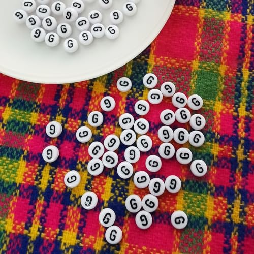 Amaney 100pcs G Letter Beads 7x4mm White Round Acrylic Black Alphabet for Bracelet Jewelry Making - color: G