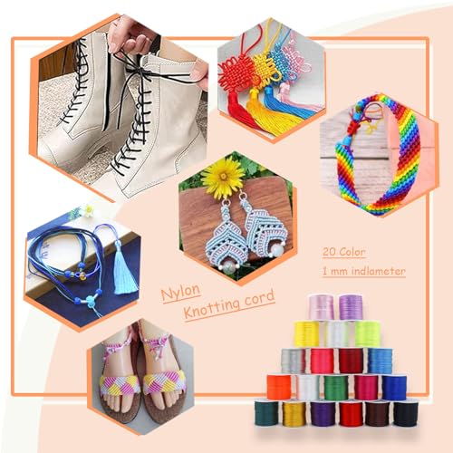 20 Rolls 656 Yards 1mm Rattail Satin Nylon Trim Cord Silk Cord Beading String for Kumihimo, Braided Bracelets, Pendants Necklace, Macrame Craft, Keychains Lanyards, Jewelry Making