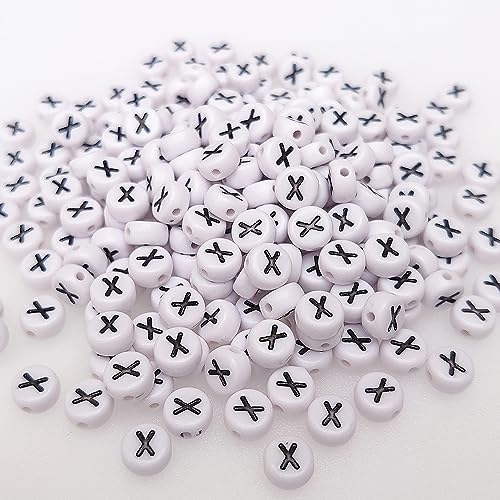 200+ Pieces 4x7mm Single X Letter Beads for Jewelry Making, White Round Acrylic Bulk Alphabet (Black on White) - size: Single letter X 200+ Pcs