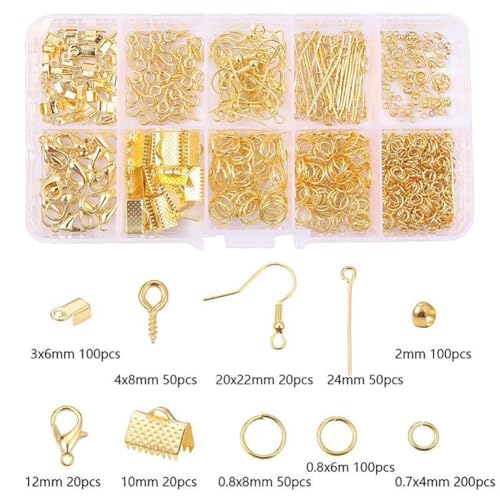 GSHLLO Jewelry Making Supplies Kit Jewelry Findings Starter Kit Earring Repairing Open Jump Rings Bracelet Necklace Lobster Clasps with Box for DIY Crafts Golden - color: Golden