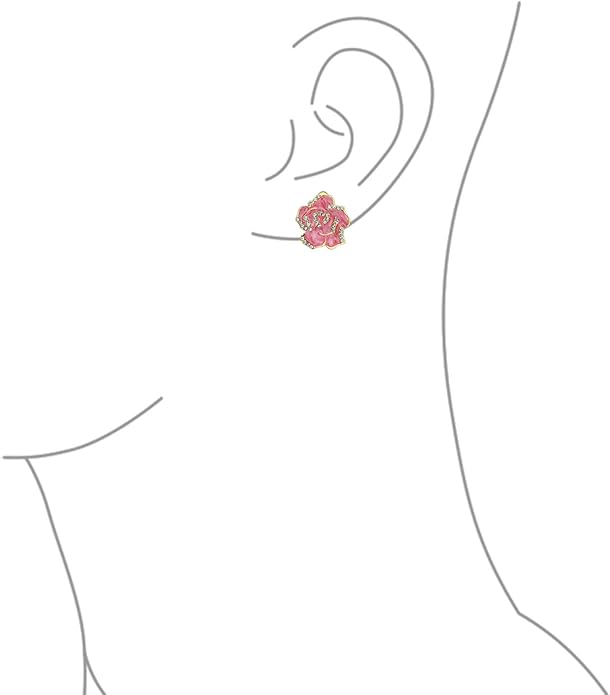 Pink Red Enamel Flower Crystal Edge Spring Retro Floral Rose Clip On Earrings For Women Non Pierced Ears 14K Gold Plated