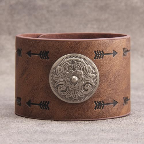 GelConnie Leather Cuff Bracelet Punk Braided Bracelets Rock Leather Wristbands Faux Mens Leather Bracelet Gothic Viking Bangle Adjustable Wrap Bracelet for Women,Men - color: Flower Brown Bracelet