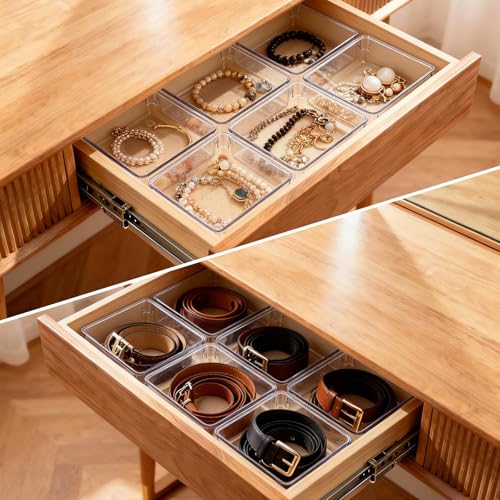 6 Pcs Large Clear Plastic Drawer Organizers Tray 6" x 6" Storage Bins with 25 Pcs Non-Slip Pads for Makeup, Jewelries, Kitchen Utensils, Bathroom and Office - size: 6"x6"