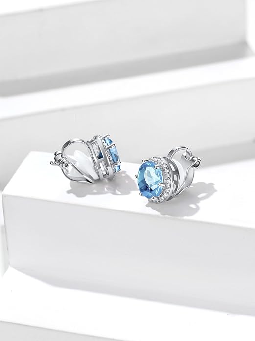 Silvora 925 Silver 8MM Cubic Zirconia Birthstone Clip On Stud Earrings Round Non Pierced Earrings For Women,Come with Box
