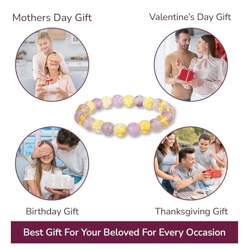 Crystal Vibe 8mm Beaded Bracelets For Women Men - Healing Crystal Bracelet - Adjustable Size - color: amethyst citrine