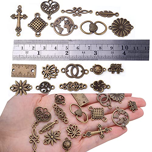 BronaGrand Connector Charms, 100g Craft Supplies, Antique Bronze, Heart, Cross, Flower, Ruler Shapes, Jewelry Making - color: Antique Bronze