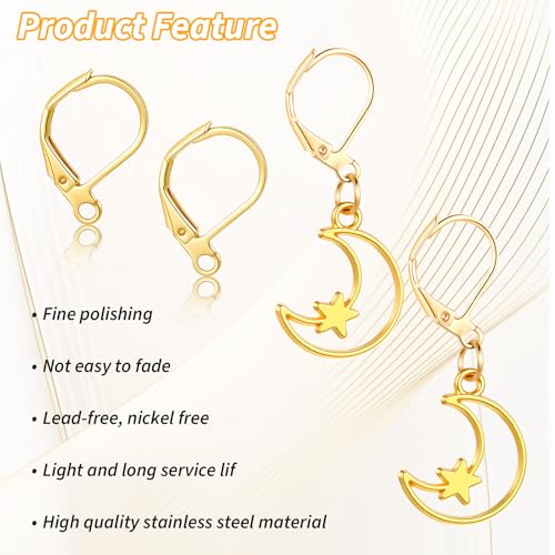 12Pack Gold Earring Hooks for Jewelry Making, Leverback Ear Wire Findings Women Ear Ring Charms, Lever Back Dangle Earring Clasps - Stainless Steel