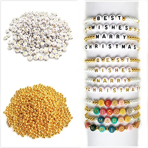 Amaney 2000pcs Letter and Gold Spacer Beads Kit for DIY Bracelet Necklace Craft Jewelry Making - color: Gold on White