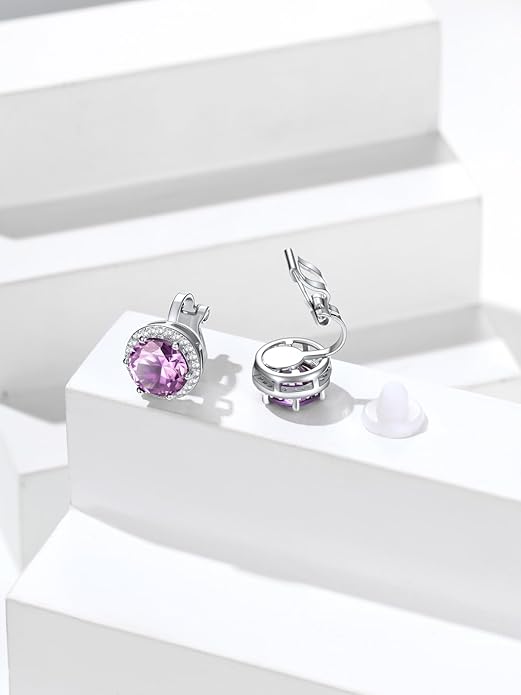Silvora 925 Silver 8MM Cubic Zirconia Birthstone Clip On Stud Earrings Round Non Pierced Earrings For Women,Come with Box