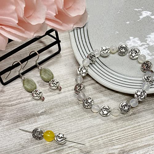 Tibetan Silver Spacer Beads 9mm Flat Round – 69pcs Metal Spacer Beads for Jewelry Making, Bracelets, Necklaces & Earrings DIY Supplies, Antique Silver Zinc Alloy - color: Silver Star and Moon