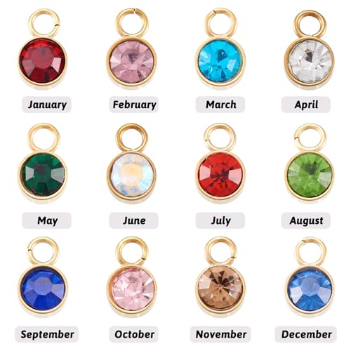 Pandahall 24pcs Crystal Birthstone Charms - Gold Plated Stainless Steel Pendants & Round Birthstone Charms for DIY Necklace Earring Bracelet Jewelry Making Crafts