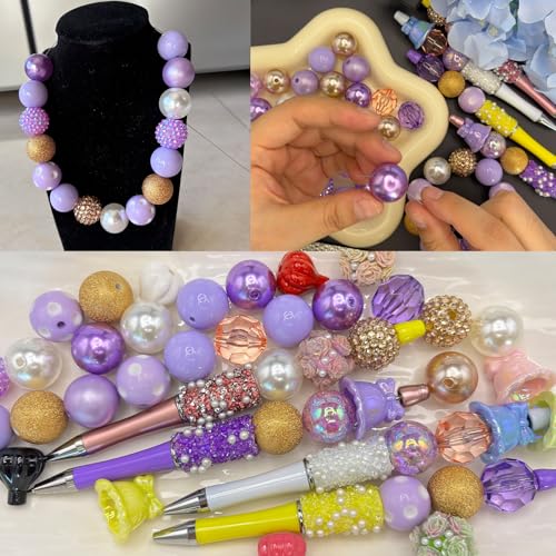 50PCS Bubblegum Beads 20mm,Large Beads for Jewelry Making,Round Circle Chunky Bead for Craft Pen Keychain Bracelets, beadable for Dog cat Collar Necklace (Mixed Gold/Purple/White) - color: Mixed gold/purple/white