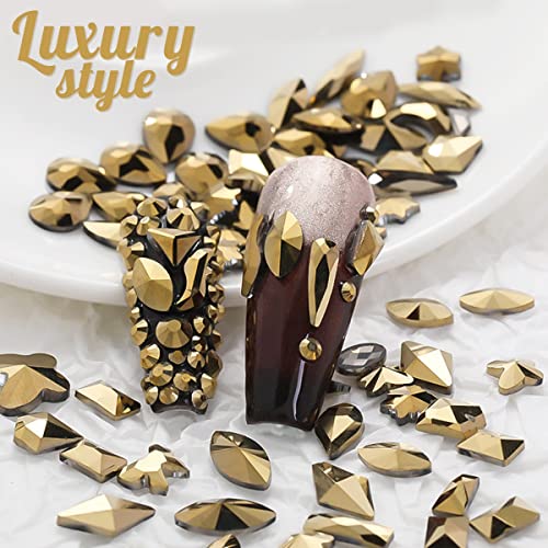 qiipii Old Golden Nail Rhinestones 120 Multi Shapes Flatback Gems K9 Glass Stones Metallic Gold Round Beads Diamonds Jewels Crystals w Pick Pen Charms for Nails Faces Eyes Makeup Crafts Clothes Shoes - color: Metallic Golden, size: A Set
