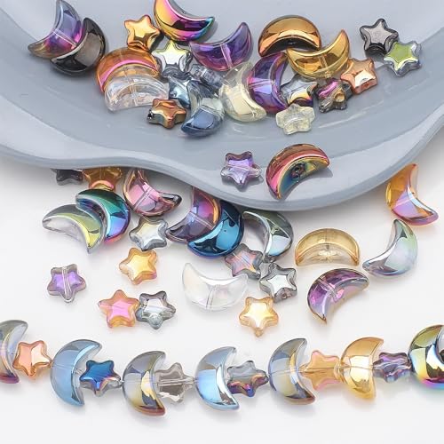 Glass Beads, KLFHS 60PCS Mixed Color Star and Moon Glass Beads for Jewelry Making, Cute Unique Bead Bulk Spacer Bead for Jewelry Bracelet Necklace Earring Craft Supplies DIY - color: Star-moon
