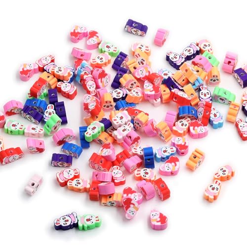 100 Pcs Easter Polymer Clay Beads Cute Bunny Heishi Spacer Beads Supplies for DIY Bracelet Earring Necklace Jewelry Making (Rabbit) - color: Rabbit