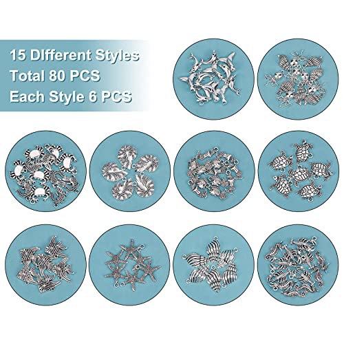 PH PandaHall 90pcs 15 Style Ocean Fish Charms Tibetan Seashell Marine Pendants Antique Silver Animal Sea Creatures Charms Pendants for Wakiki Hawaii DIY Bracelet Necklace Keychain Jewelry Making - color: 15 Styles Sea Creatures - 90pcs