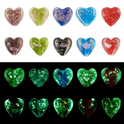 Elecrelive 20Pcs Gold Sand Lampwork Luminous Heart Beads Glow in The Dark Love Crystal Beads 20.5mm for Friendship Bracelet Necklace Earring Key Chains Valentine - color: 10 Colors, Heart