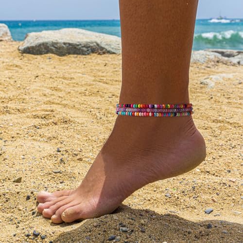 XIJIN 18 Pieces Elastic Beaded Anklets for Women Handmade Beach Boho Colorful Beads Ankle Bracelets Set - color: Colorful a