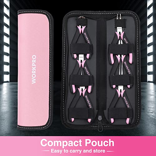 WORKPRO 6-Piece Mini Pliers Set, Needle Nose, Long Nose, Bent Nose, Diagonal, End Cutting and Linesman, for Crafts Work, Electronic Repair, with Pouch - Pink Ribbon - color: Pink