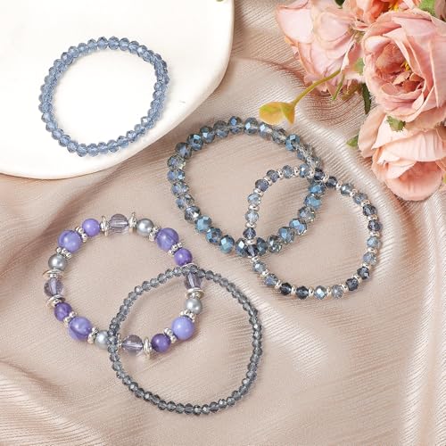 5Pcs Beaded Bracelets for Women, Bohemian Glass Faceted Crystal Beads Bracelet, Stackable Boho Disco Ball Stretch Bracelets, Multilayered Purple Jewelry Gift for Women, Mother's Day - color: Blue