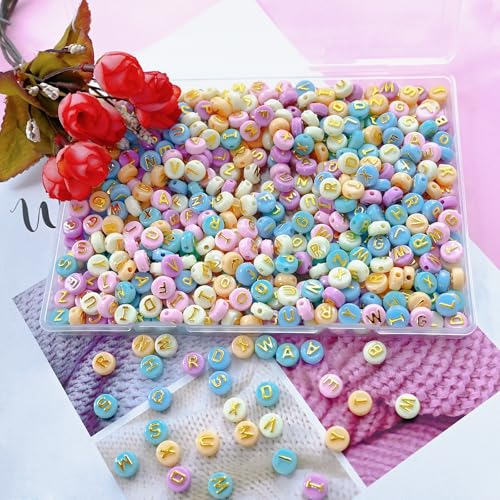 Amaney 500pcs Big Letter Beads Colorful Macaroon10x6mm Gold Letter Round Flat Beads for DIY Bracelet Making - color: BigMacaroon