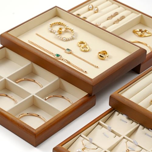Solid Wood Flat Jewelry Tray Microfiber Necklace Bracelet Ring Earring Watch Bangle Stackable Drawer Organizer for Storage Display (Cream White) - style: 1 Grid