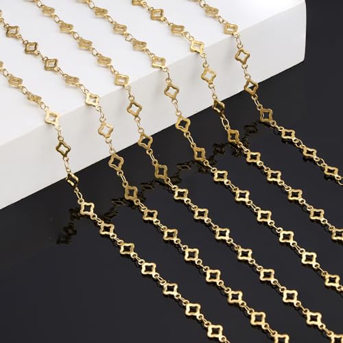 KYUNHOO 4 Meters Hollow Clover Leaf Jewelry Chain Roll Gold Plated Stainless Steel Chains for Jewelry Making with Lobster Clasps and Jump Rings for Necklace DIY - color: Leaf Clover Gold