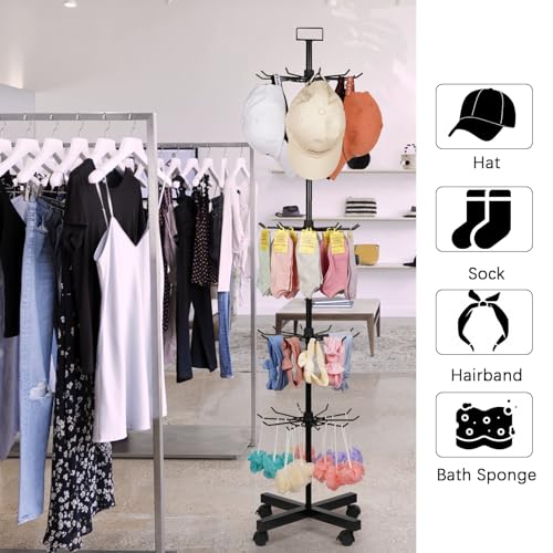 5-Tier Metal Spinning Display Stand Rack with Wheels, Black Iron, 50 Hooks, Lockable Wheels, Ideal for Jewelry, Accessories, Foods - color: Black