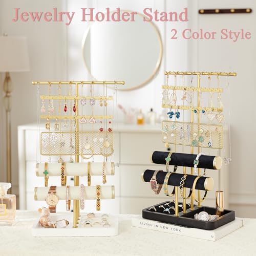 Poyilooo 4 Tier Jewelry Organizer, Earring Holder Jewelry Stand for Necklace Earring Keychains Bracelet Rings Display Jewelry Tree Stand Christmas Gifts for Women (Whitegold) - color: White&gold
