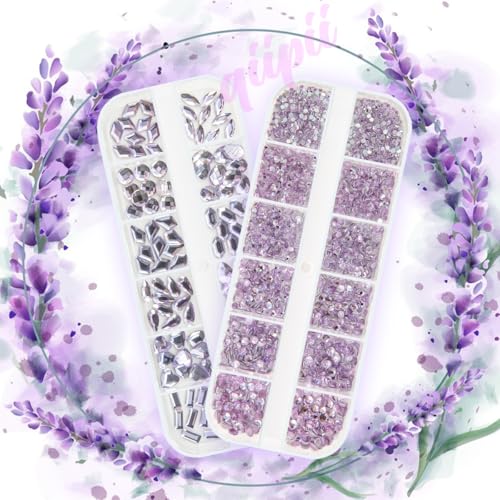 qiipii Amethyst Purple Nail Rhinestones Multi Shapes Crystal Flatback K9 Glass Light Purple Stones Gems Round Beads Diamonds Jewels w Wax Pen Charms for Nails Face Eyes Makeup Clothes Shoes DIY Crafts - color: Amethyst Purple, size: A Set