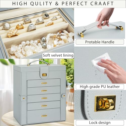 AKOZLIN 6-Tier Jewelry Box Organizer Functional Huge 5 Drawers Leather Jewelry Storage Case Grey Large