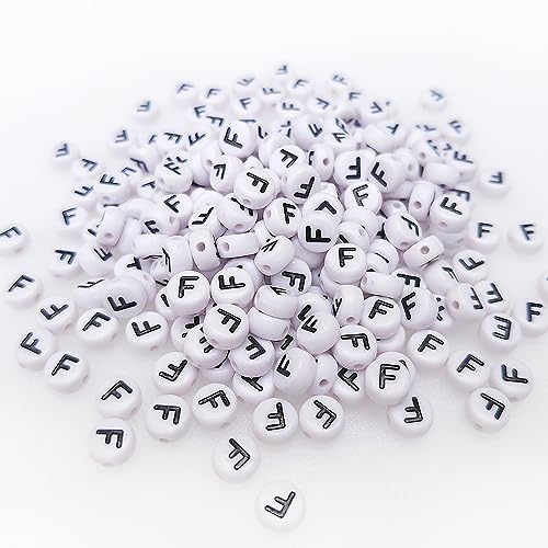 200+ Pieces 4x7mm Single F Letter Beads for Jewelry Making, White Round Acrylic Bulk Alphabet (Black on White) - size: Single Letter F 200+ Pcs