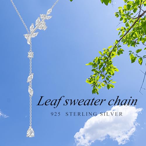 Long Necklace Sterling Silver Larait Bar Y Lariat Long Chain Drop Adjustable Necklace Gift for Her, 30" - style: Long Leaf Necklace