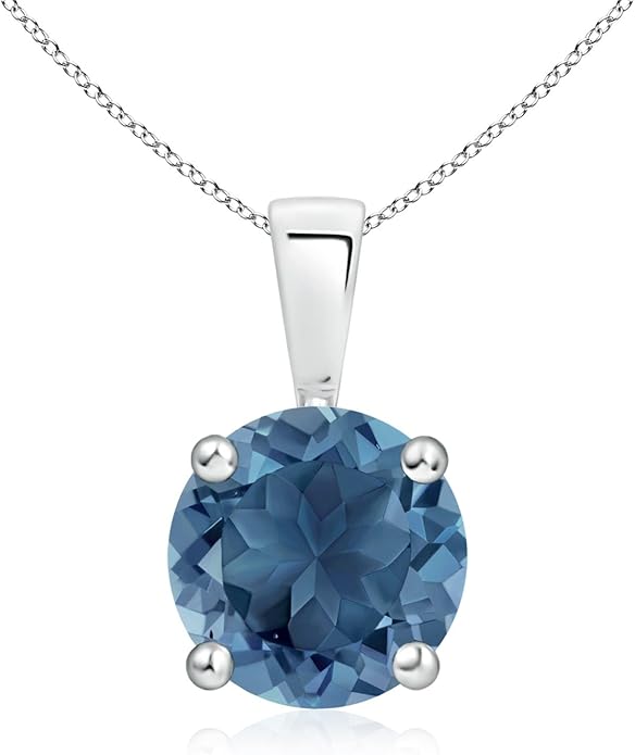 Angara Natural Blue Topaz Solitaire Pendant for Women | Classic Prong-Set Round Blue Topaz Pendant in 14K Solid Gold/Silver/Platinum With 18" Chain | December Birthday, Gemstone Jewelry Gift