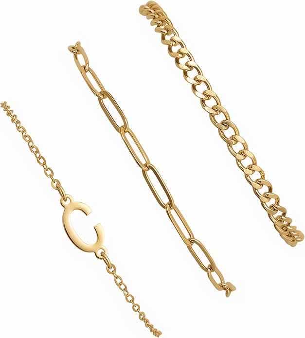 14K Gold Plated Bracelets for Women, A–Z Initial Charm Bangles Jewelry Set, Elegant Gold Accessories, Friendship Bracelet Gifts for Mom