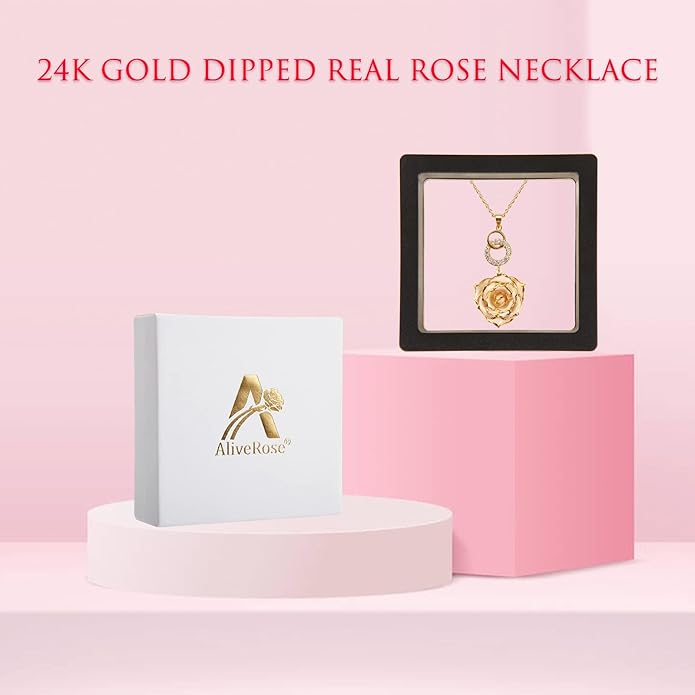 AliveRose Real Rose Gold Dipped Necklace Gifts for Women, 24K Gold Dipped Rose Pendant Necklace Jewelry Mothers Day Anniversaries Birthday Christmas Special Occasions Gifts for Her Mom Wife