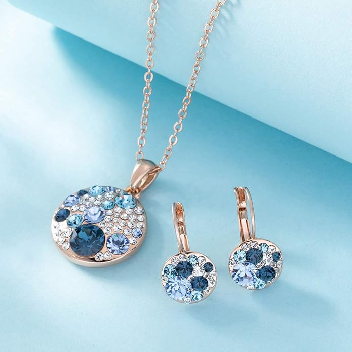 EVEVIC Austrian Crystals Round Disc Pendant Necklace Earrings for Women 14K Gold Plated Hypoallergenic Jewelry Sets
