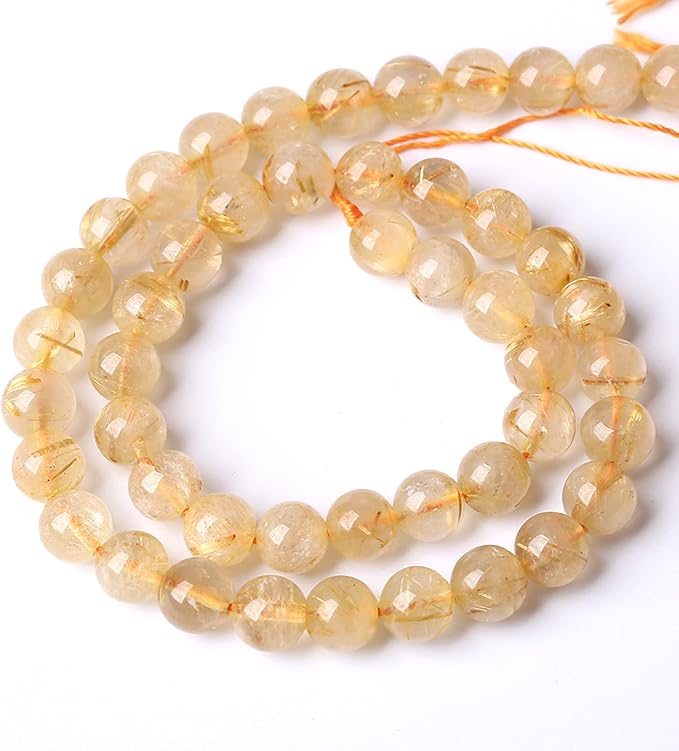 6MM 60PCS Natural Stone Golden Rutile Quartz Beads Gemstone 2A Grade Actinolite Semi Precious Crystal Loose Beads for Jewelry Making DIY Bracelet Necklace 1 Strand