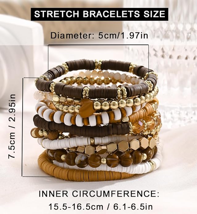 iF YOU 13pcs Heishi Clay Beaded Stretch Bracelets for Women, Boho Gold Surfer Stackable Bracelet Stacks White Brown Black Beach Jewelry