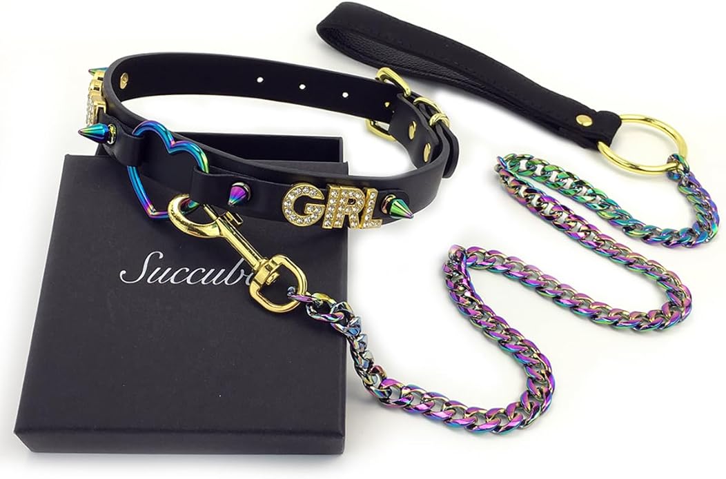 Succuba Handmade Heart Ring Rhinestone Letter Pu Leather Choker Collar Necklace for Women and Men