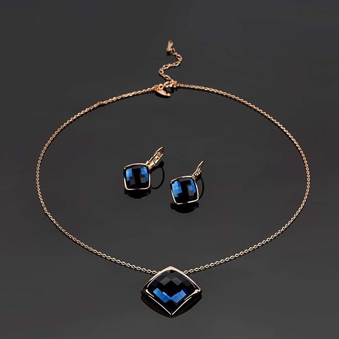 EVEVIC Square Austrian Crystal Necklace Earrings for Women Fashion 18K Gold Plated Hypoallergenic Jewelry Set