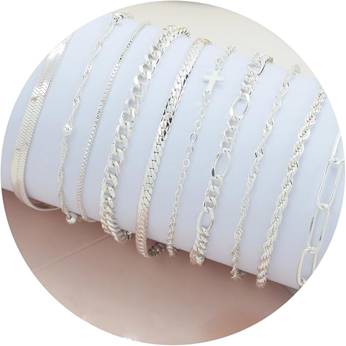 XIANNVXI 10pcs Rose Gold/Gold/Silver Bracelets Stack for Women Dainty Thin Rose Gold Bracelets Set Silver Chain Bracelet Paper Clip Stackable Figaro Herringbone Paperclip Bracelet Pack for Womens