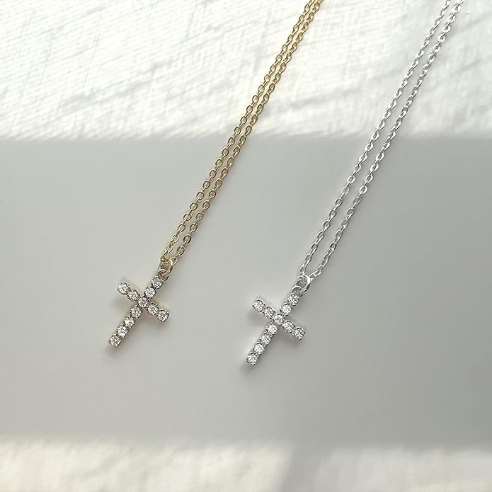 Zeffy Cross Necklace for Women,18K Gold/Silver Plated Tiny Cubic Zirconia Cross Pendant Necklace for Women Simple Layered Cross Necklaces for Women