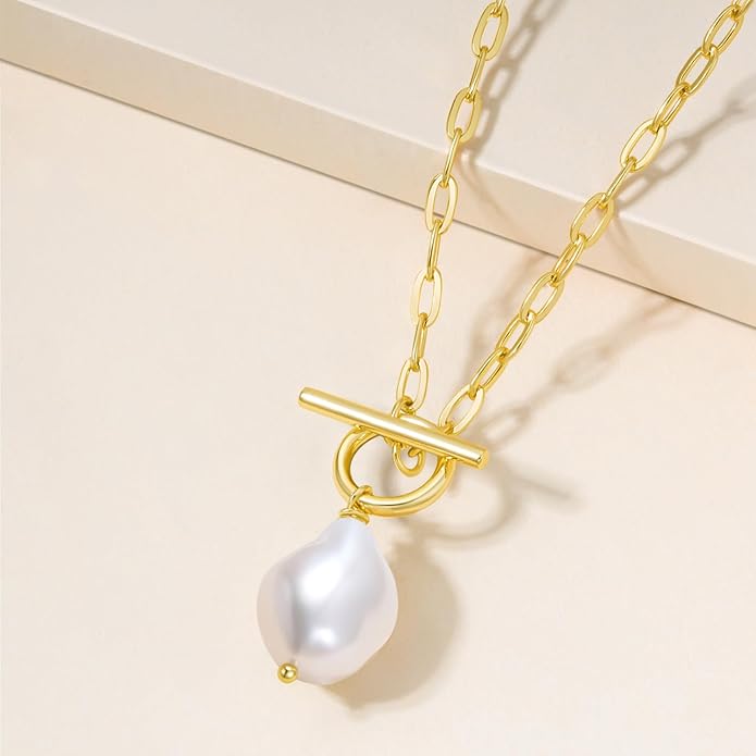 Baroque Pearl Pendant Necklaces for Women, 14K Gold Sliver Plated Adjustable Chain Toggle Clasp Necklace Women Anniversary Jewelry for Mothers Day Christmas Birthday Valentine's Day Gifts (14k Gold)