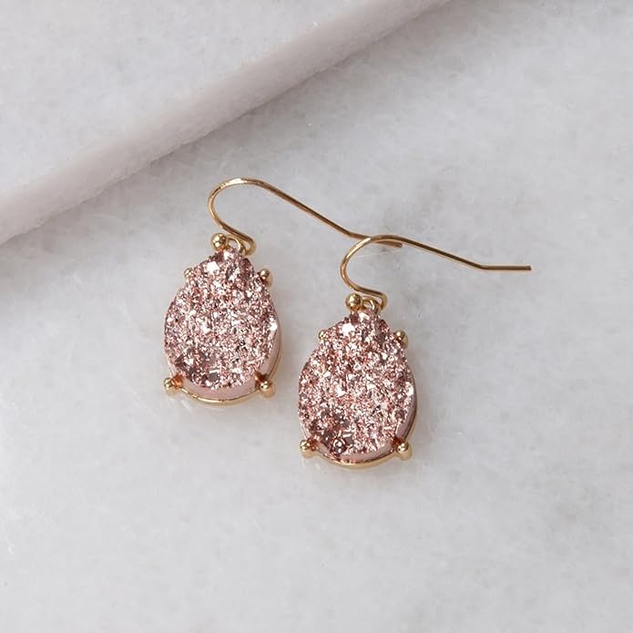 Teardrop Dangle Earrings for Women with Simulated Druzy Stones in Gold or Silver Tone