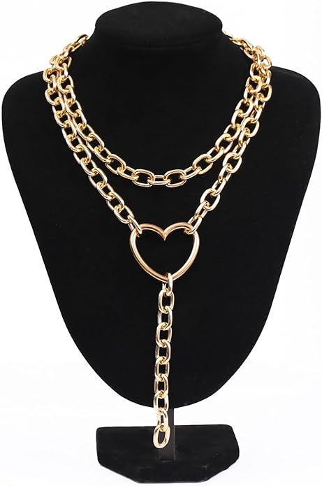 Chunky Layered Big Heart Gold Y Necklaces for Women, Statement Thick Silver Cuban Chain Trendy Bold Choker Necklaces Punk Valentine Bar Jewelry Gifts