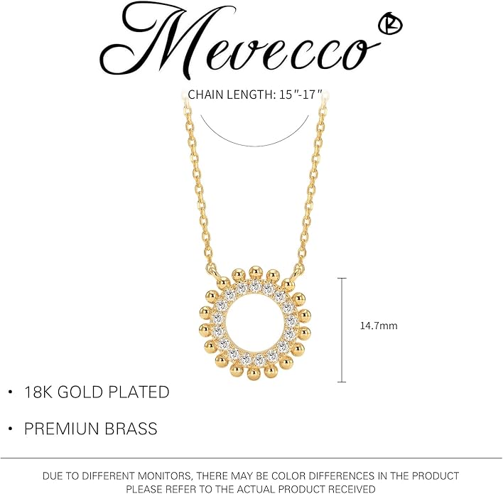 MEVECCO Gold Necklace for Women 18k Gold Plated Sun Charm Choker Pendant Necklace Handmade Minimalist Small Cute Jewelry for Birthday Gifts